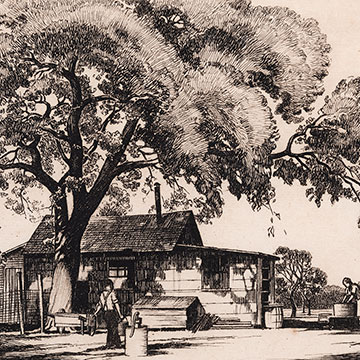 detailed black and white drawing depicting a small house and a large tree with two figures working in the yard